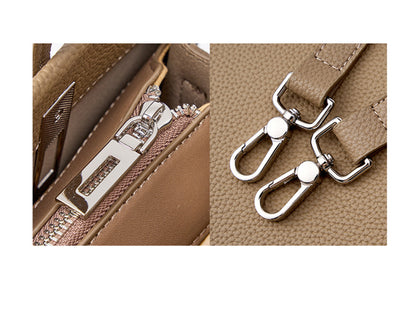 Woman carrying stylish genuine leather tote bag